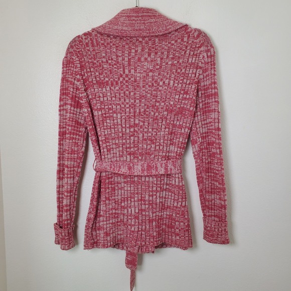 Vintage 1970s Cranberry Marled Knit Belted Cardigan Sweater Jacket with Pockets - Picture 6 of 15